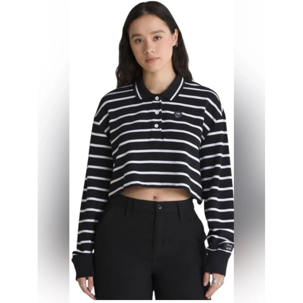DISNEY X VANS Bad Apple Cropped Rugby Polo Shirt B/W Striped LS Large Cotton